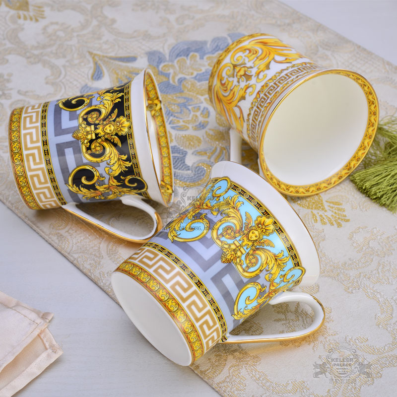 

Fine Porcelain Mug for Coffee Tea Handle Painted by Real Gold Platinum Luxury Designer Mugs Gifts 888, See details