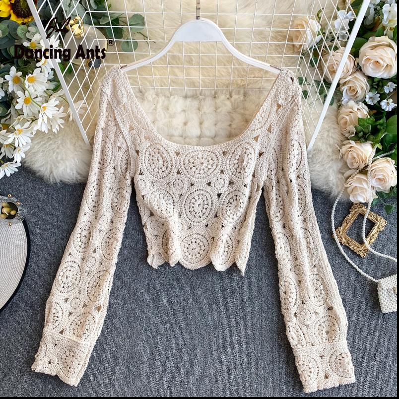 

skinny knitting puff long sleeve women shirts square collar hollow out vintage see lady short blouse, White