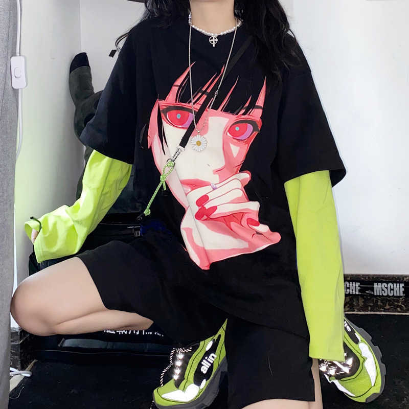 

Japanese cartoon winter print Vintage Korea plus size hip-hop long-sleeved O-neck Harajuku loose female casual punk sweatshirt 210608, Black
