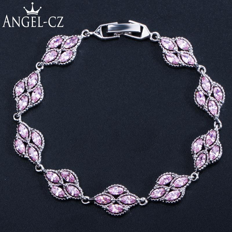 

Link, Chain ANGELCZ Sparkling Marquise Pink CZ Crystal White Gold Color Leaf Shape Strand Bracelet Wedding Jewelry For Bridesmaid Gift AB130