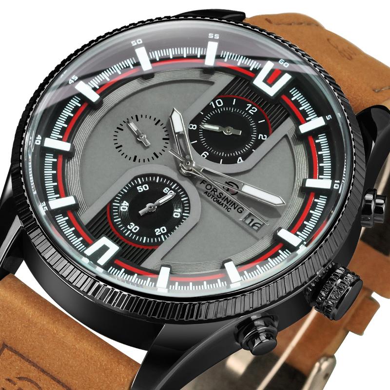 

Wristwatches FORSINING Sport Man Watch For Men Mechanical Army Automatic Mens Watches Top Leather Strap Sub-Dial, Silver-whte
