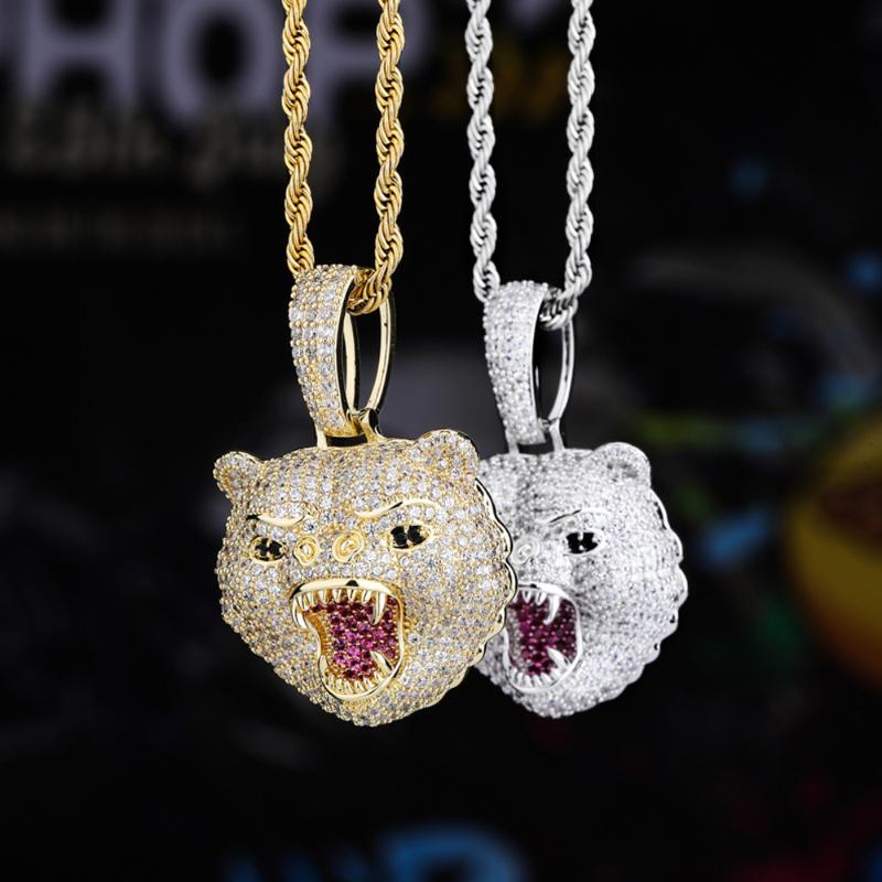 

Pendant Necklaces Fashion Hip Hop Beast Bear Animal All Cubic Zircon Iced Out Necklace Rope Chain Gold Men Rock Jewelry Gift, Silver