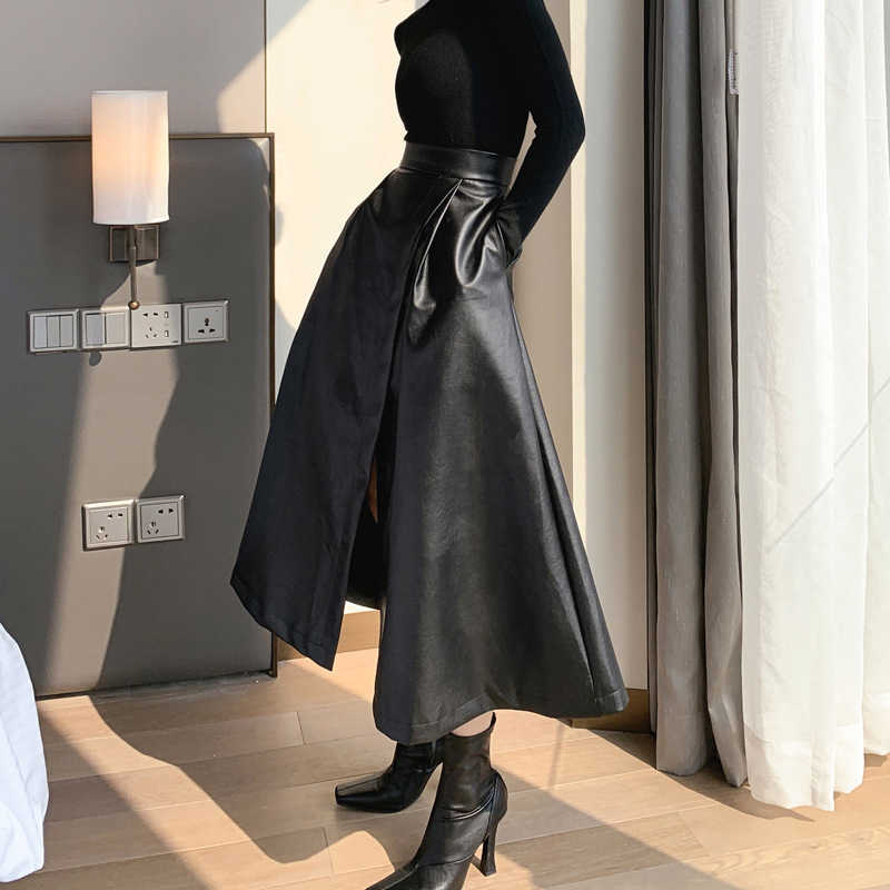 

autumn women' fashion all-match temperament high waist skirt Casual Solid Faux Leather Asymmetrical 210603, Black