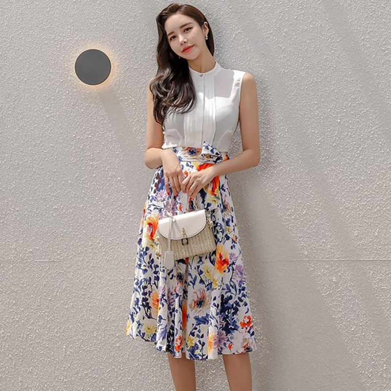 

Summer Two Piece Set Women Suit Sleeveless Blouse Shirt Split Slim Skirt Crop Top and 2 210525, Picture color