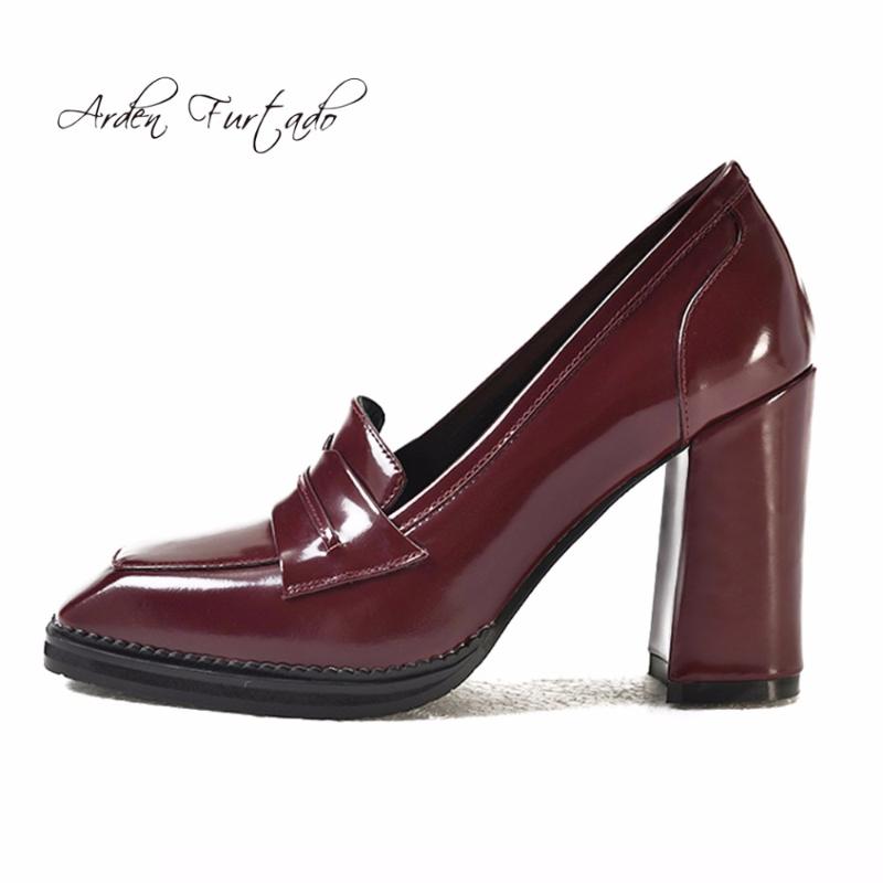 

Arden Furtado 2021 Spring Autumn Genuine Leather Slip On Burgundy Brown Office Lady Dress Shoes High Heels 10cm Pumps Square Toe, Black