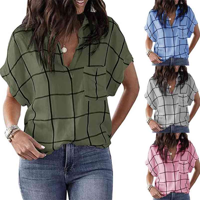 

Spring and Summer Fashion Women' Casual Loose Check Print Pocket V-Neck Short-Sleeved Plus Size Pullover T-Shirt for Girls 210722, Sky blue