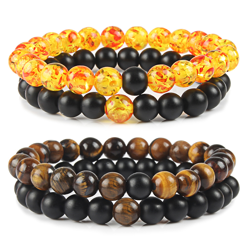 

2Pcs/Set Couples Bracelets Tiger Eye Stone Bracelet Classic Natural Stone Ambers Black Matte Beading Bracelets charm Men Women