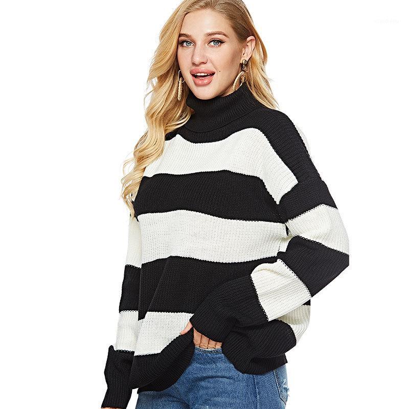 

Women's Sweaters Sweater Women 2021 Fall/Winter Striped High Collar Knitted Backing Large Size Knitting Tops Christmas, White;black