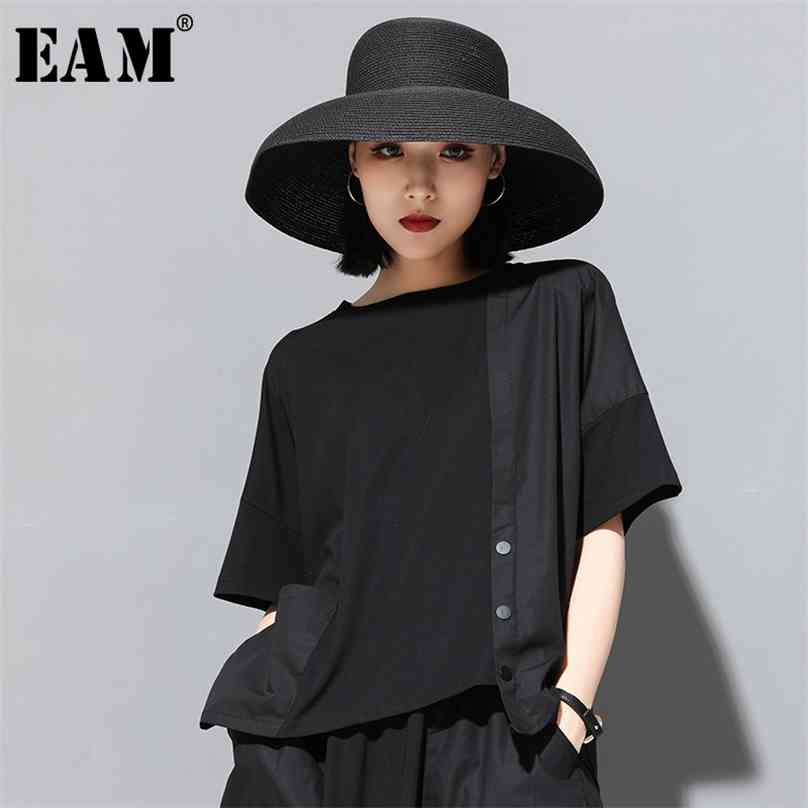 

[EAM] Spring Summer Round Neck Half Sleeve Black Button Split Joint Loose Big Size T-shirt Women Fashion JX500 210720