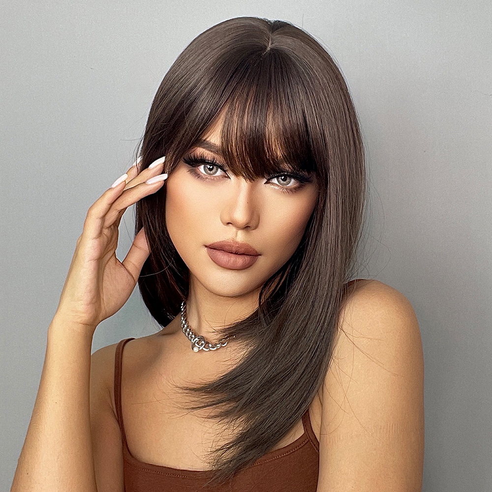 Costume Accessories EASIHAIR Synthetic Wigs for Women Dark Brown Wigs with Bangs Layered Cosplay Wigs Heat Resistant Medium Length Daily Wig-image-751018517