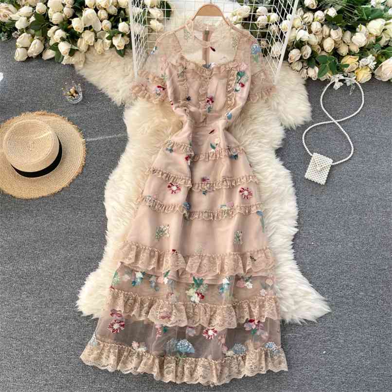 

Summer Women Dress Female Vestidos Fashion Lace Wood Ear Trim Short Sleeve Embroidery A-line Cake 210602, Khaki