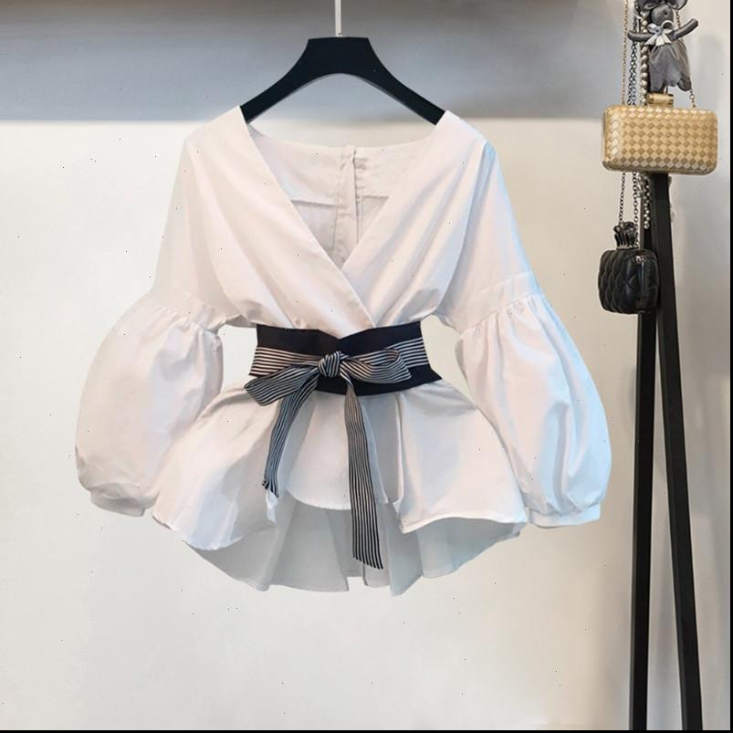 

s 3xl elegant ol casual womens blouses autumn lantern sleeve sashes bow v neck striped white shirt blusas mujer de