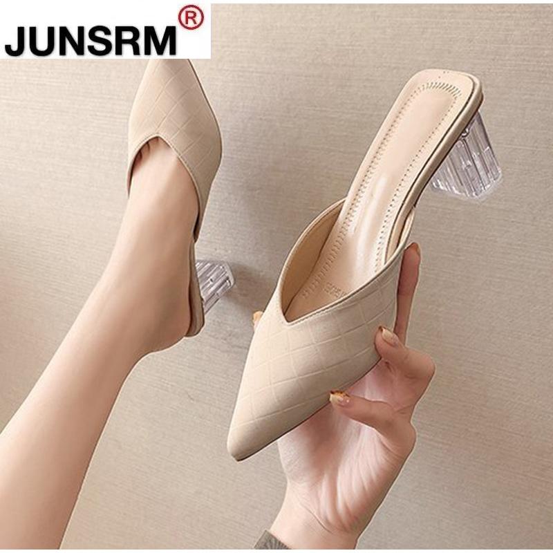 

Slippers 2021 Women Ladies High Heels PU Sandals Pointed Toe Transparent Woman Pumps Shoes Spring Summer Fashion, Black