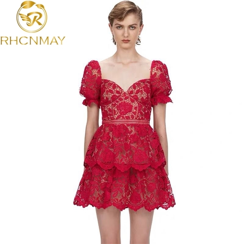 

Spring Puff Sleeve High Waist Slim Backless Dress Women Self Portrait Red White Color Lace Mini Female Sexy 210520