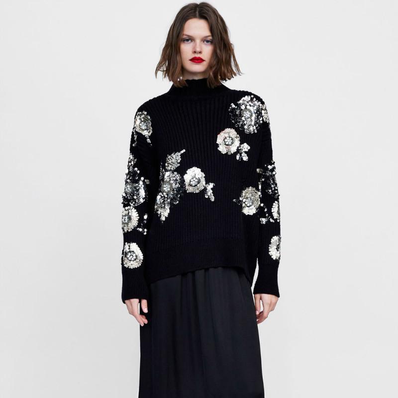 

Women' Sweaters Women Sequined Flower Knitted Sweater Loose Turtleneck Sequins Beading Pullovers Winter Thick Black Tops Blusas Mujer De Mo