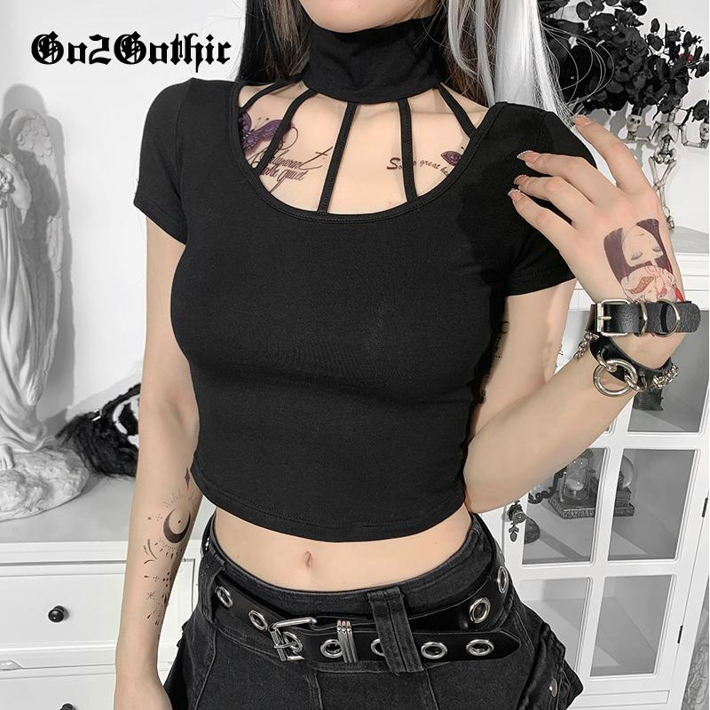 

Streetwear Punk Black T Shirt Women Sexy Short Sleeve Turtleneck Hollow Out Tshirt Slim Cropped Gothic Tops Tee Harajuku Women' T-Shirt, Goth t shirt