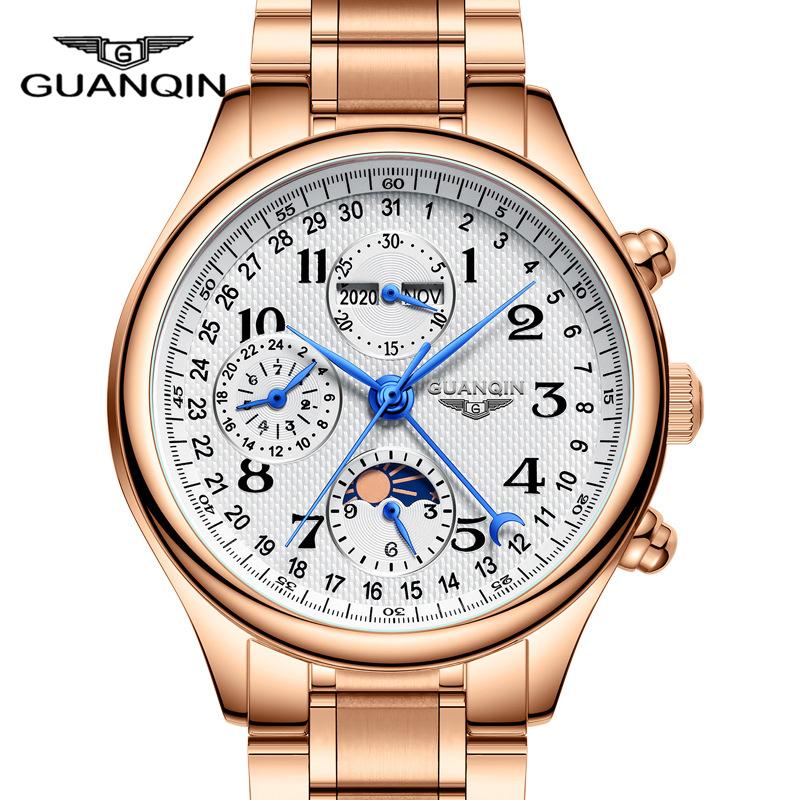 

Wristwatches GUANQIN Rose Gold Stainless Steel Mechanical Men Watch Luxury Perpetual Calender Moon Phase Design Automatic Watches, Gj20022-6