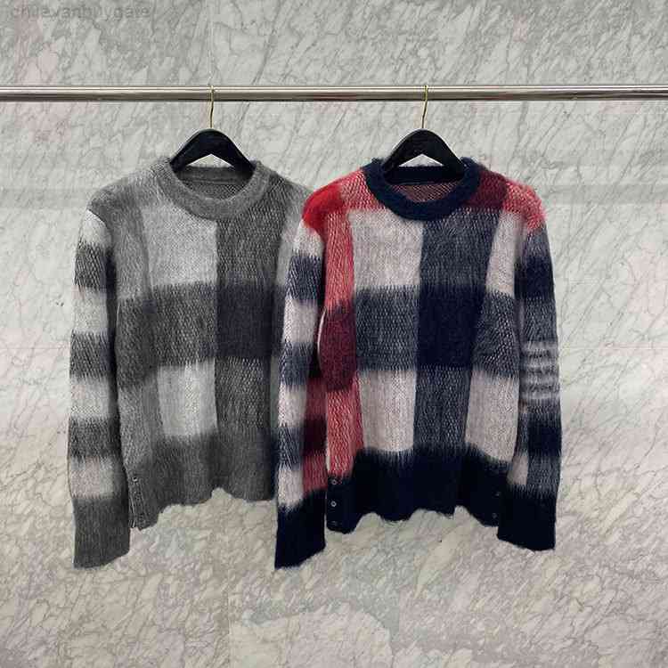 

2022 TB fashion brand sweater men women o-neck England plaid Mohair wool sweater autumn winter casual pullovers tops, Gray