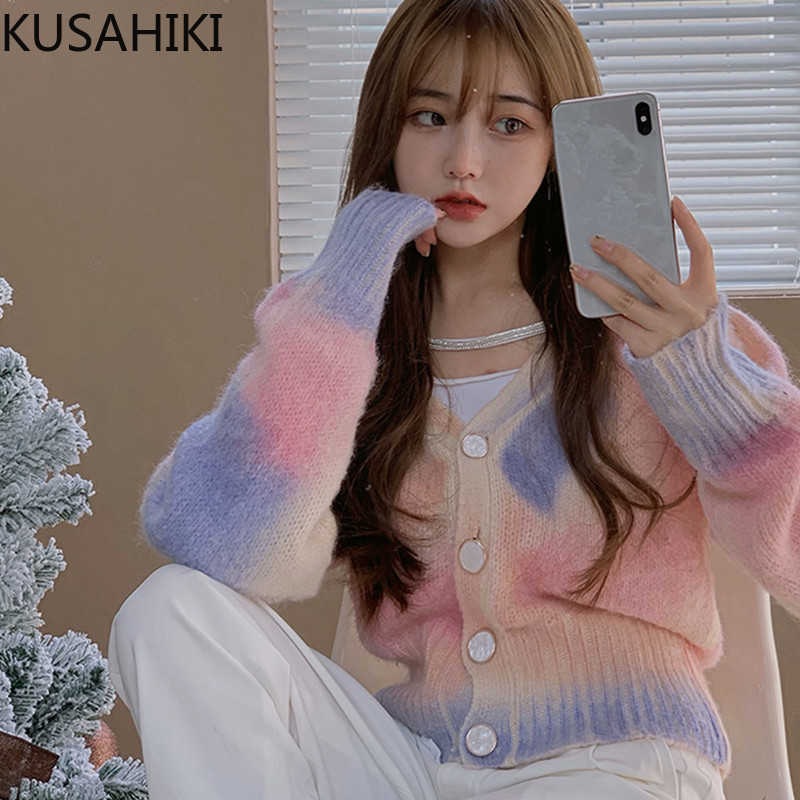 

KUSAHIKI Korean Tie Dye Women Cardiagn Sweater Causal Long Sleeve V-neck Knitted Jacket Spring Knitwear Coat 6E341 210602, Mixed