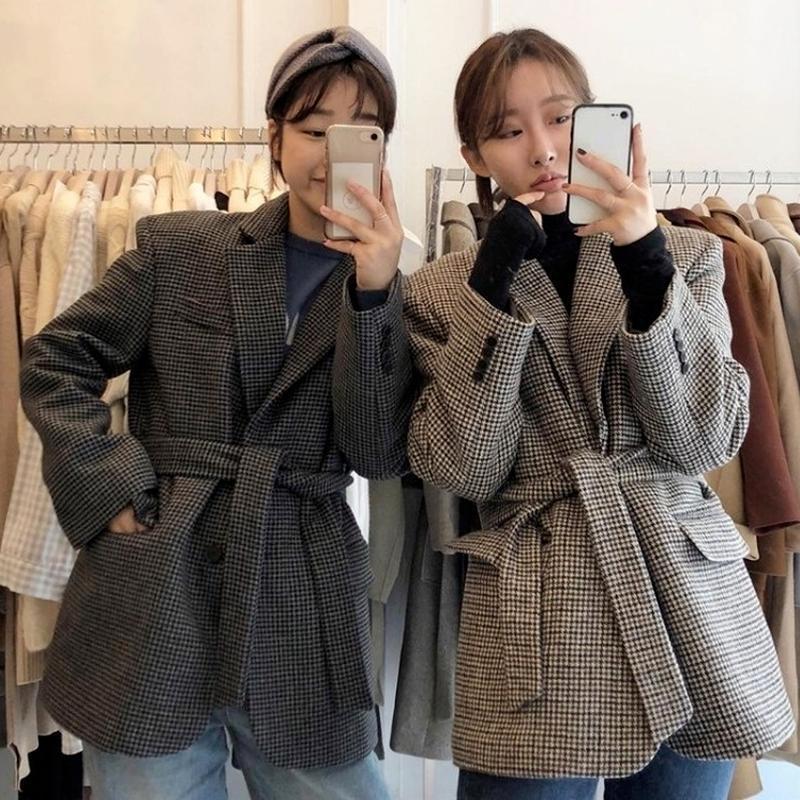 

Women's Suits & Blazers Autumn Winter Vintage Bird Lattice Blazer Notched Collar Drawstring Slim Waist Woman Jacket 2021 Korean Chic Design, Coffee