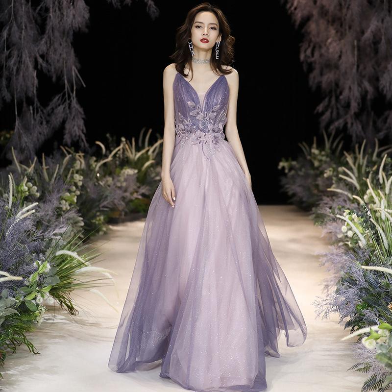 

Casual Dresses Women Exquisite Appliques Elegant Banquet Dress Temperament Evening Party Gown Sweet Lavender Gradients Mesh -3XL