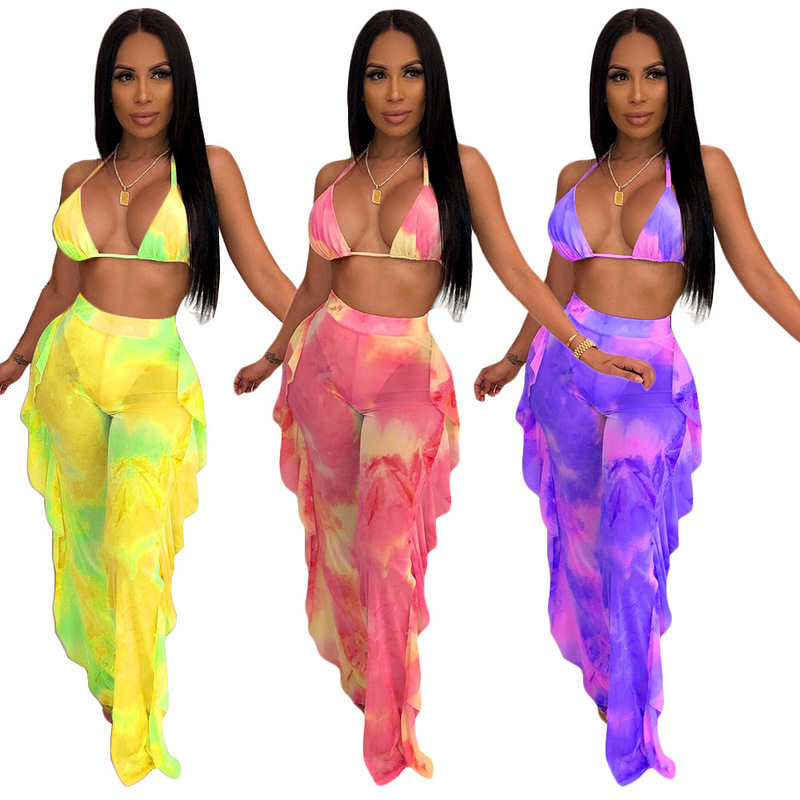 

Printing Two Pieces Newest Bikini +ruffles Sets Summer Holiday Swimsuits Beach Party Long Pants Outfits with Underwear, White;black