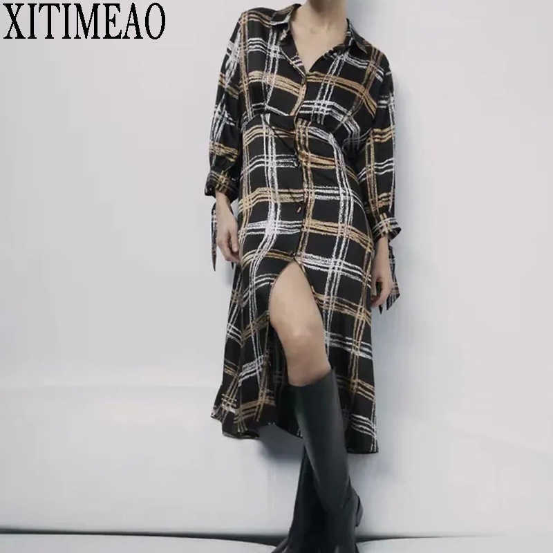 

ZA Women Dresses Autumn Winter Vintage Print Casual Long Sleeve Retro Lapel Leisure Vacation Skirt XITIMEAO 210602, As picture