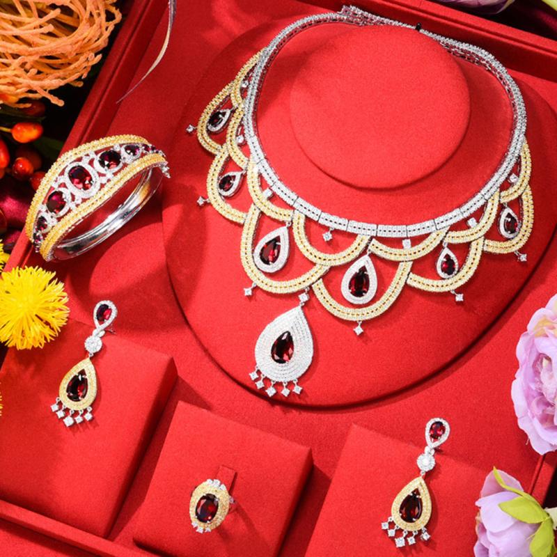 

Earrings & Necklace Blachette Luxury Gorgeous Custom Cubic Zirconia Pendant Ring Bracelet 4PCS Bride Wedding Boutique Jewelry Set, Silver