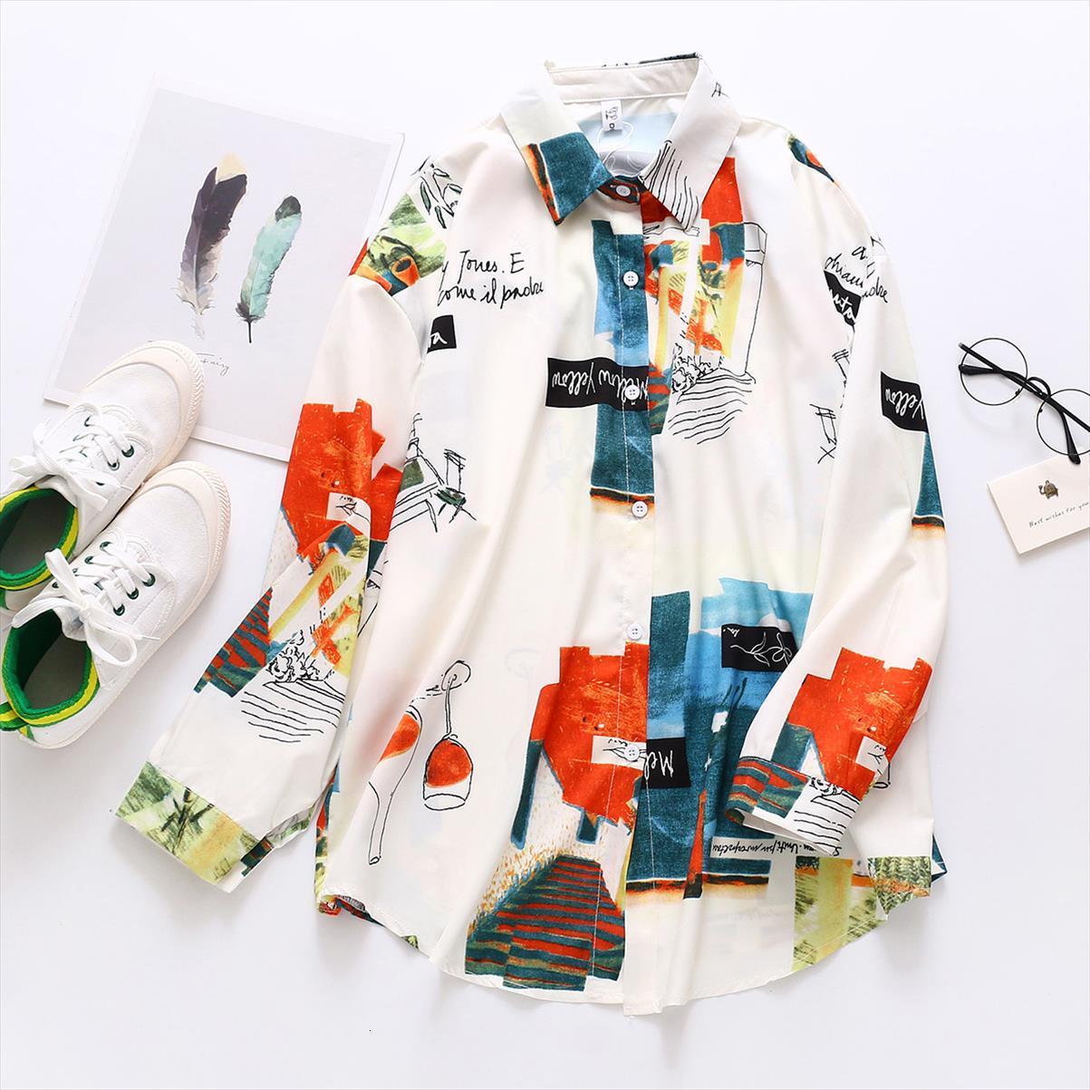 

spring summer loose printing women shirts full sleeve long ladies clothing, White