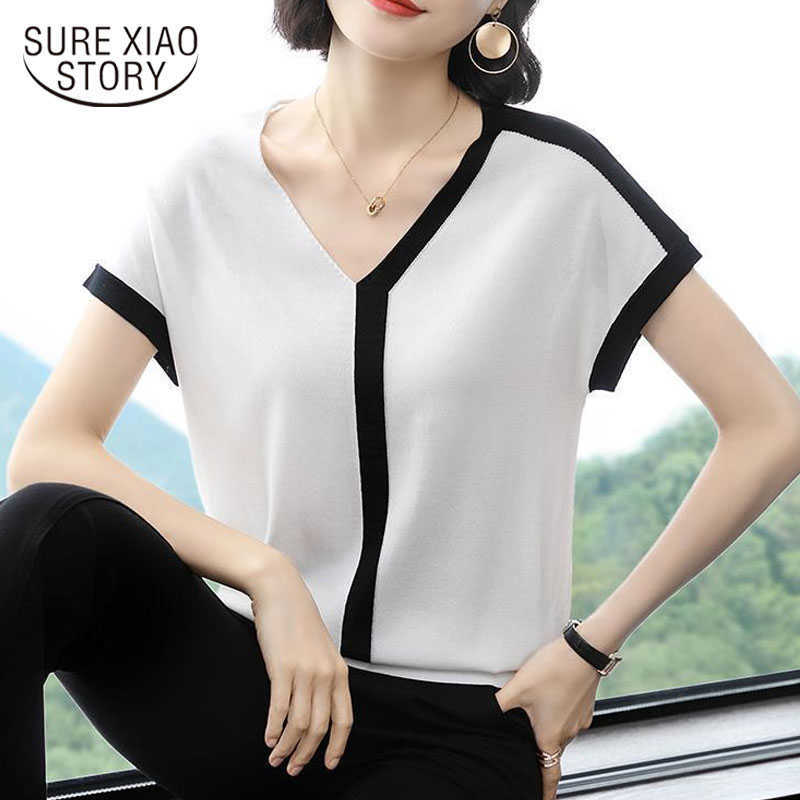 

Summer Korean Casual Loose V-neck Shirts for Women Thin Cotton Knitted Short Sleeve Women Blouse Pullover Ladies Tops 9601 210527, Black