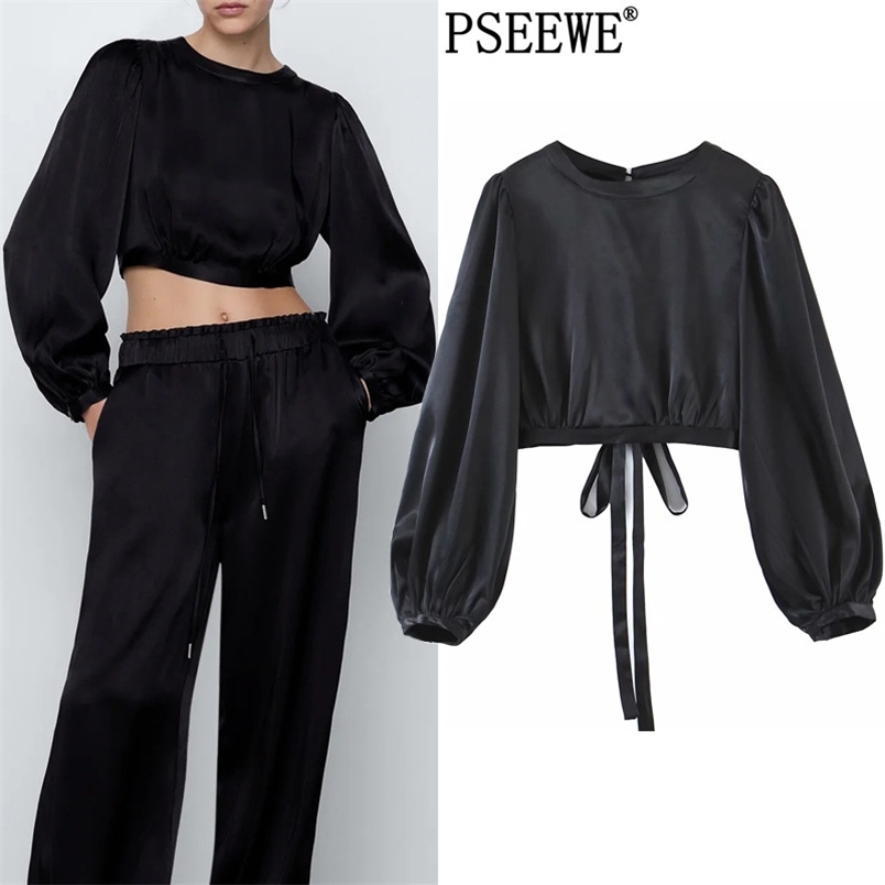 

Women Blouse Black Satin Crop Top Female Sexy Backless Tied Hem Chic Woman Elegant Puff Long Sleeve 210519