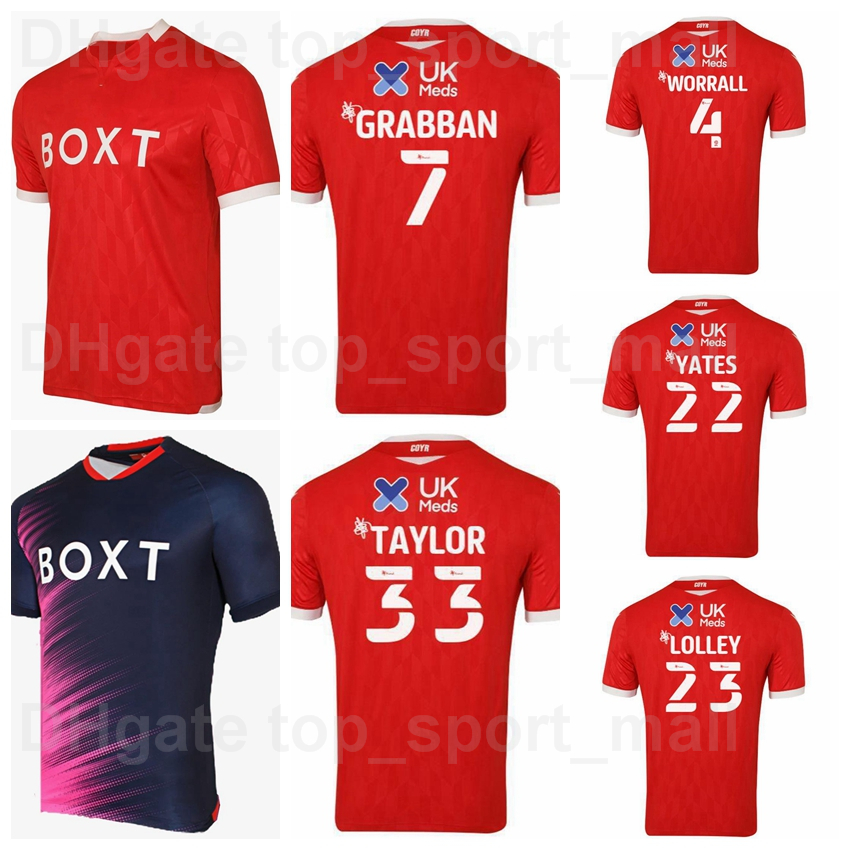

2021 2022 Nottingham Forest Soccer Jersey 7 GRABBAN 33 TAYLOR 22 YATES 25 MURRAY 4 WORRALL 23 LOLLEY 5 RIBEIRO 18 CAFU 30 SAMBA Red Navy Blue Football Shirt Kits Uniform, With patch