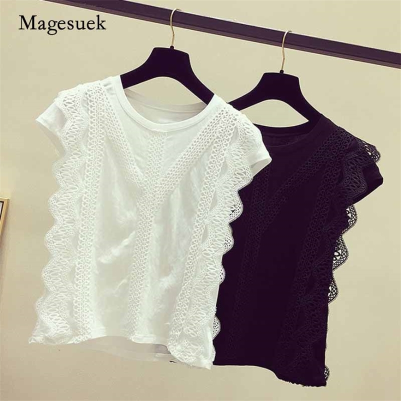

Summer Korean Fashion Clothing Plus Size Solid Sleeveless Women Tops and Blouses Lace Patchwork Spliced Shirt Blusas 4835 210518, Black