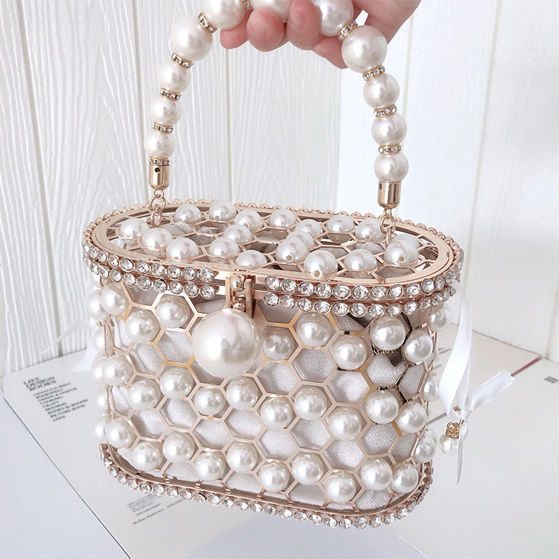 

luxury pearl women's handbag hollow out wedding clutch purse bag female rhinestone metal cage basket shoulder bag zd1846 c0121