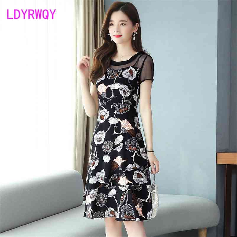 

LDYRWQY Korean Fashion Temperament Sexy Chiffon Print Slim Round Neck Dress Polyester Office Lady 210603, Black