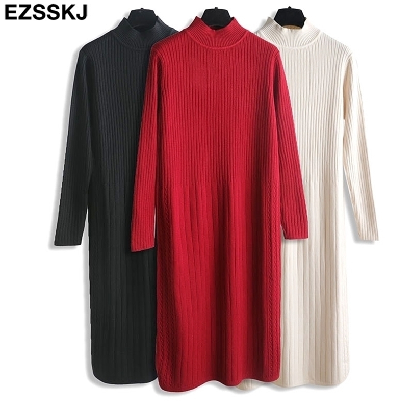 

Autumn Winter long thick straight Sweater dres solid loose pure solor Thick Female oversize knit Long sleeve 211109, Khaki