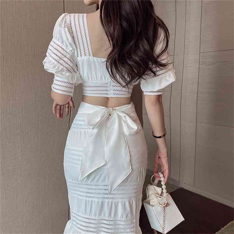 

Summer 2pcs Set Women Boho Elegant Square Collar Puff Sleeve Sexy Crop Top + High Waist Bodycon Bowknot Mermaid Skirt Suit 210519, White