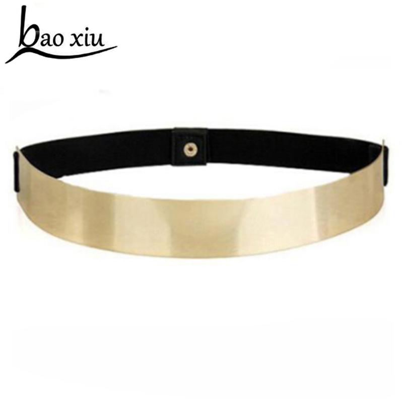 

Punk Sexy Lady Elastic Mirror Metal Waist Belt Metallic Bling Gold Plate Wide Band Female Accessories Dress Straps For Women Belts, Black