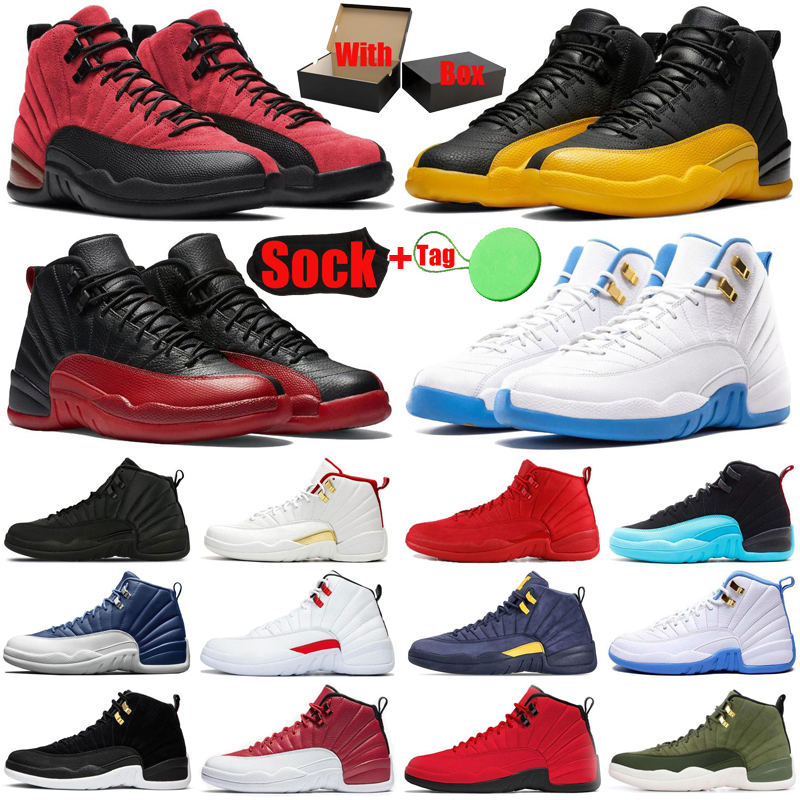 

With Box&Sock&Tag 12 12s mens basketball shoes jumpman Dark Concord Reverse Flu Game Twist University Gold men trainers sports sneakers