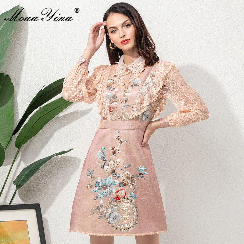 

Fashion Designer Summer Vintage Dress Women's Lace Splicing Long sleeve Beading Floral print Short Jacquard 210524, Pink