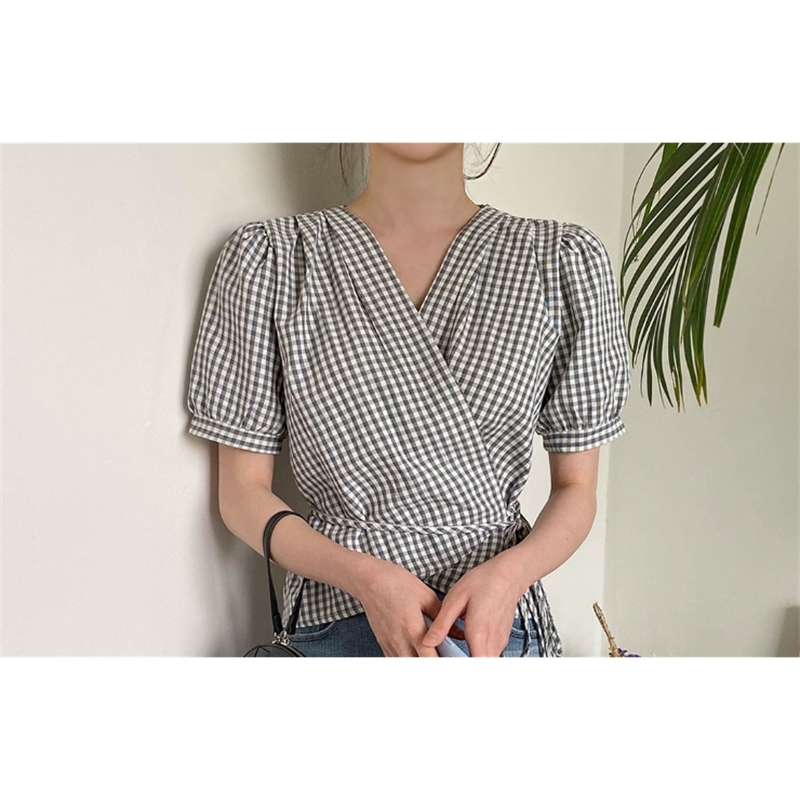 spring Vintage plaid Shirt female Oversize Tops short sleeve Girls Blouse Summer Plus Size Women Blouses femme Blusas 210417Z