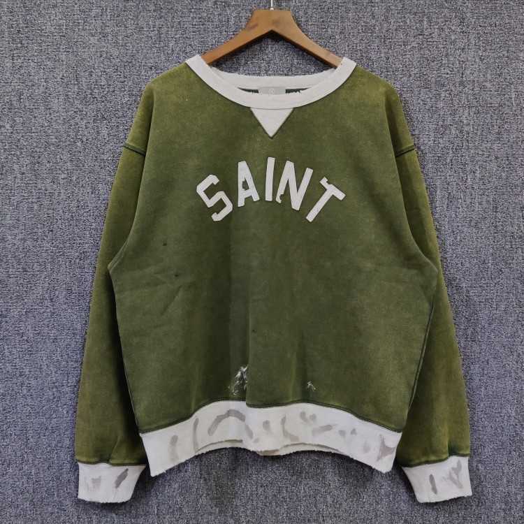 

Saint Michael letter army green hole Pullover Sweater American style fried street high sense Plush men and women