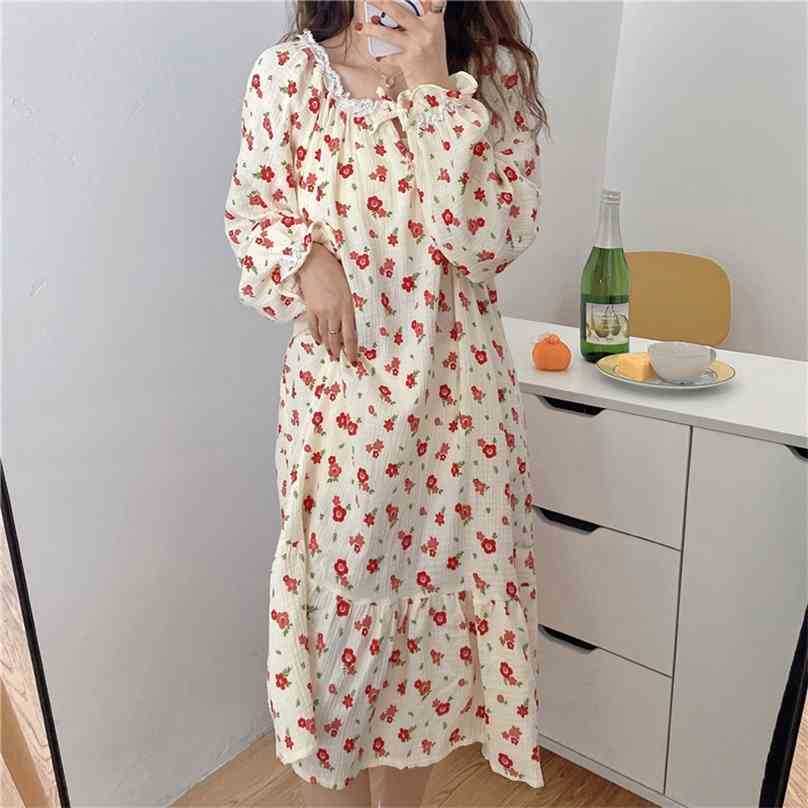 

Girls Lace Homewear High Quality Nightdress Cotton Sweet Vintage Nightwear All Match Stylish Loose Pajamas 210525, Photo color
