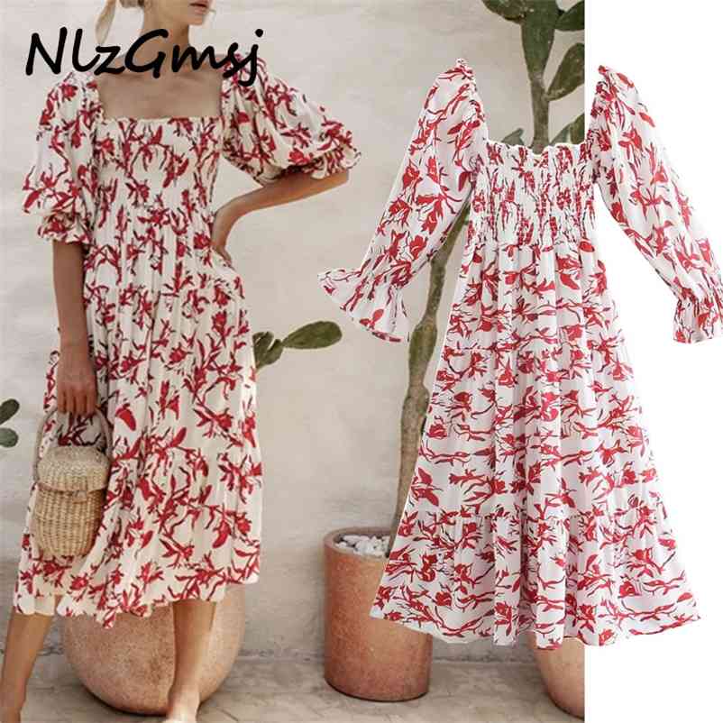 

Dres France Red Floral Print Vestido Vintage es Casual Summer Puff Sleeve Midi 210628, As picture