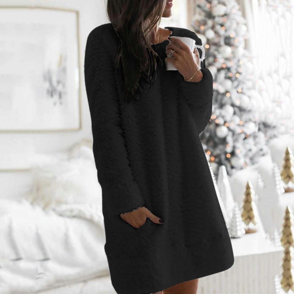 

dresses Autumn Women Fashion Vintage Winter Sweater Round Neck Cotton -Blend Casual Plush Dresses Dress New Ropa, Black