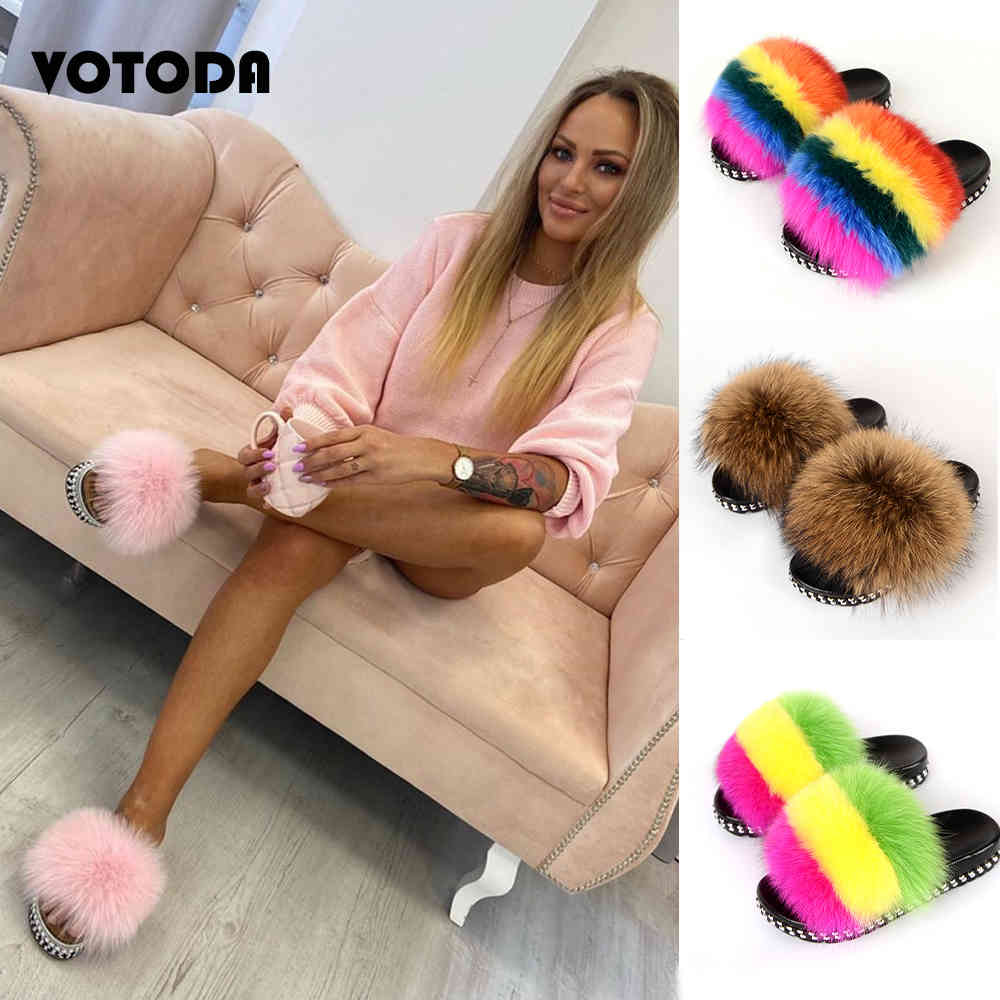 

Summer Outdoor Women Fur Slides Fluffy Real Fox Slippers PVC Platform Rivet Flip Flops Amazing Bling Sandals Ladies Shoe New, Orange pink