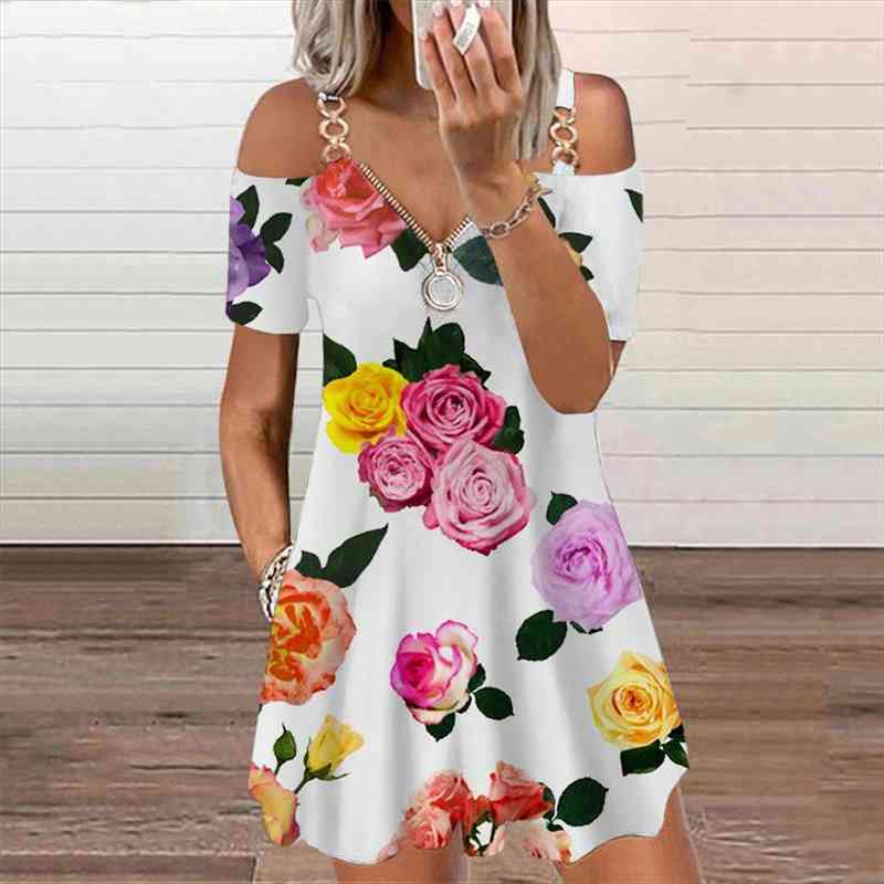 

Xs-5xl Autumn Elegant Camisole Flower Printed Dresses Fashion Knee-length Loose Robe Casual Off The Shoulder Ladies Vestidos, Black;gray
