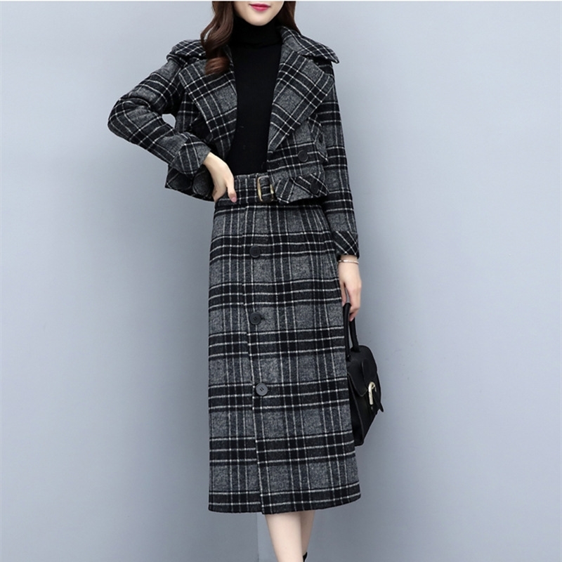 

Women's skirt set autumn and winter woolen plaid suit jacket short paragraph Casual high waist Two-piece 210527, Sets