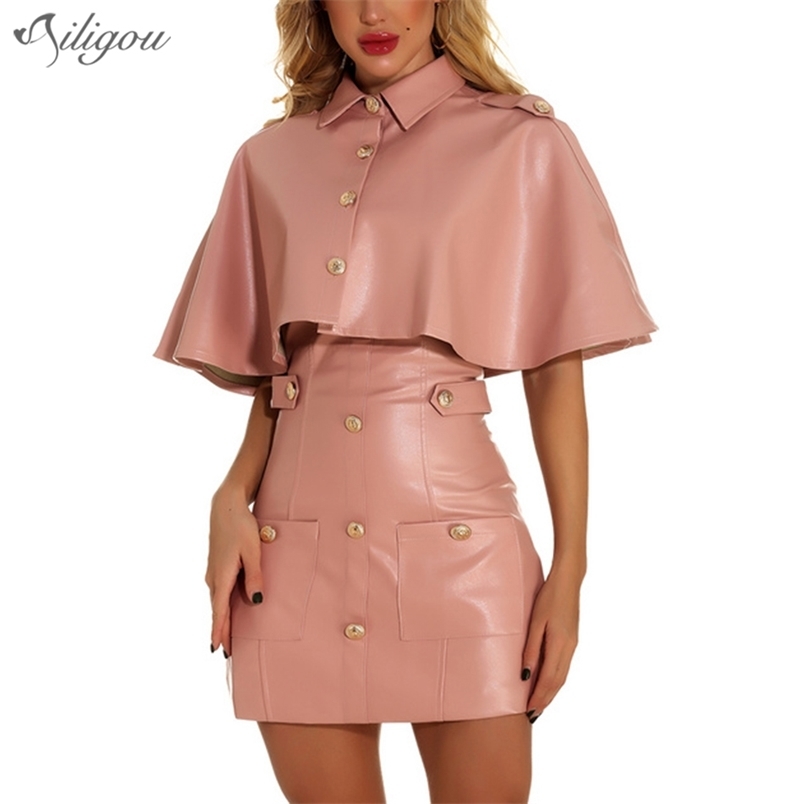 

Women'S High-Quality Pink Cape Sleeve Lapel Two-Piece Pu Dress Elegant Button Sexy Celebrity Party 210525