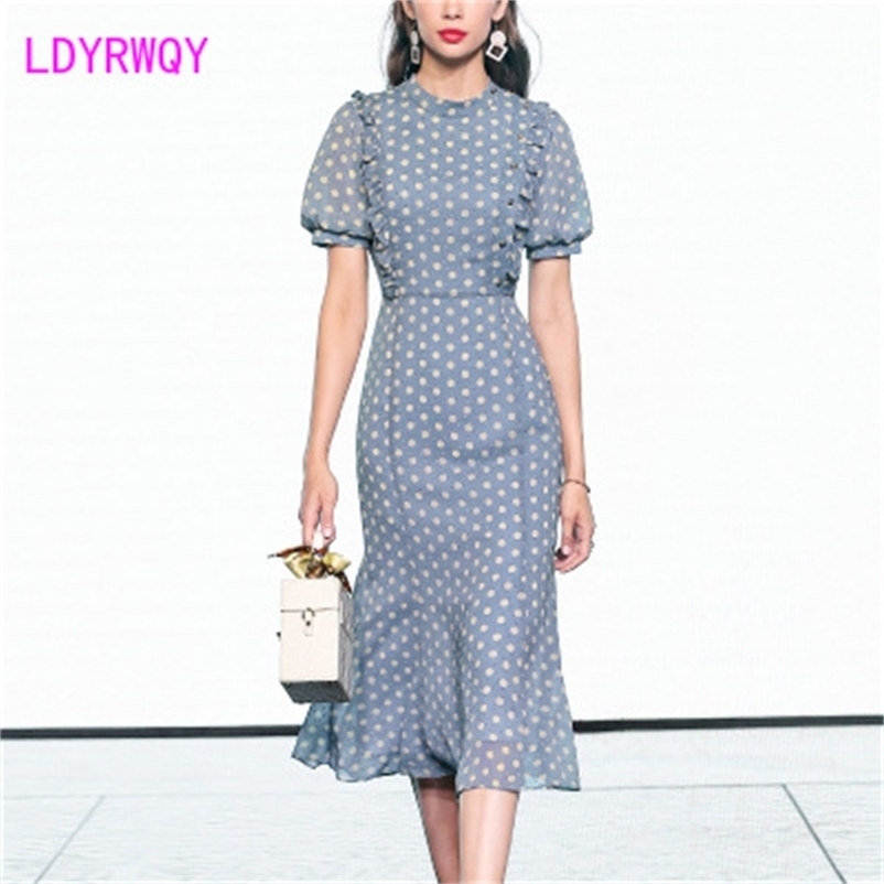 

LDYRWQY Summer women's dress polka point chiffon slim skirt short sleeves show thin 210603, Fuchsia